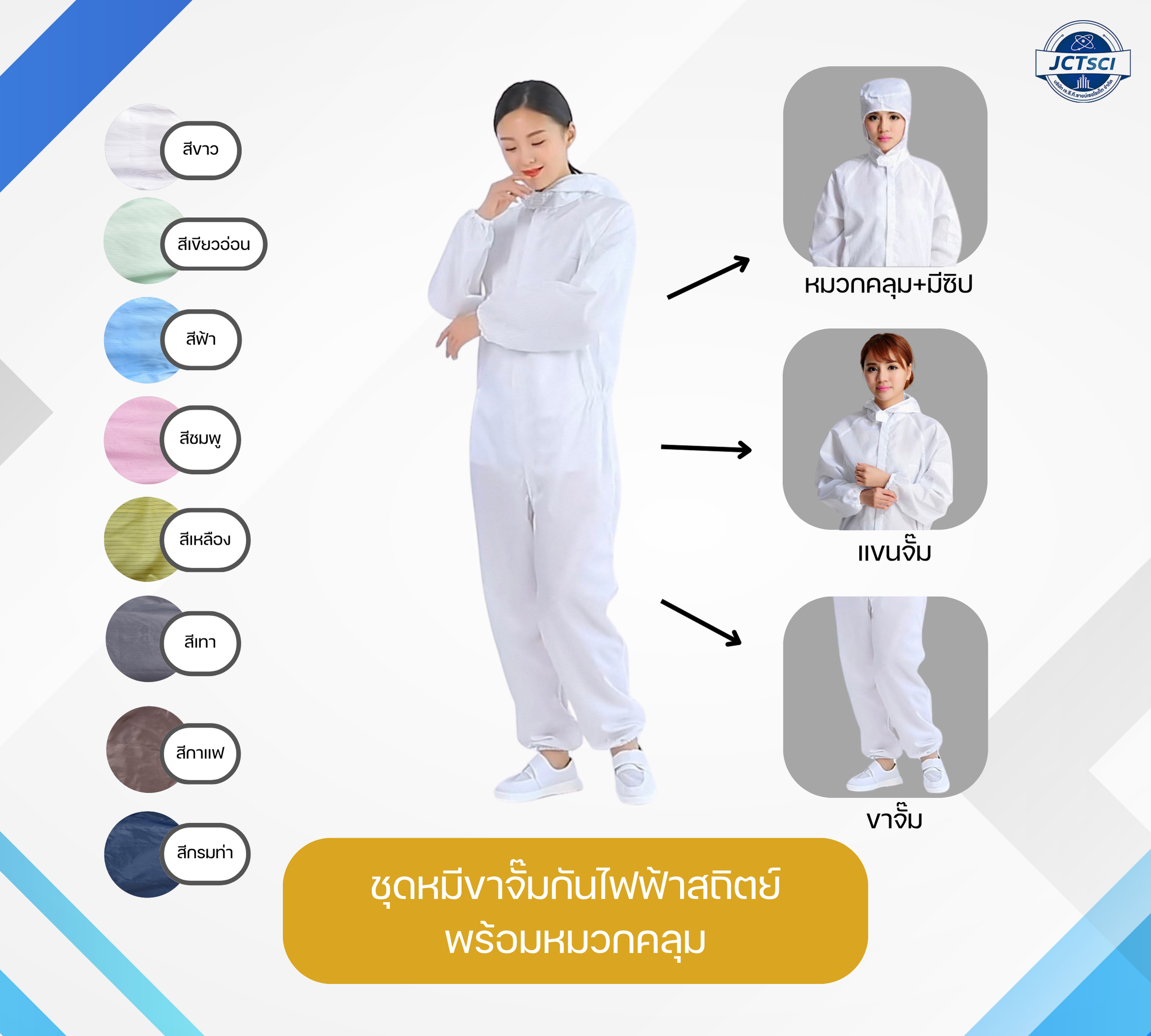 Lab Coat ชุดหมีขาจั๊มกันไฟฟ้าสถิตย์ พร้อมหมวกคลุม 8 สี Size S-7XL