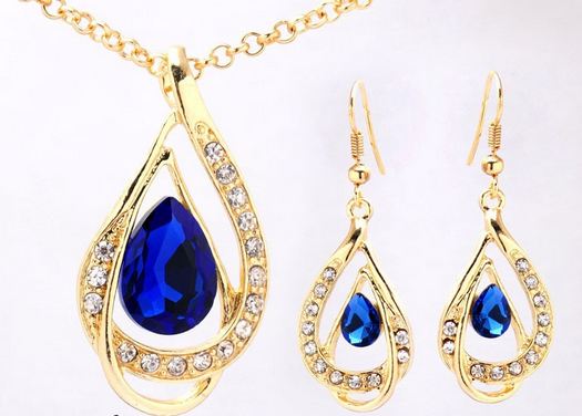 Set เครื่องประดับเข้าชุด สร้อยคอ พร้อมต่างหู ระย้า สร้อยคอ ห้อยจี้เพชร Blue Sapphire สีน้ำเงิน เพชรหยดน้ำสุดหรู ใส่ออกงาน เพชร CZ 970966_1