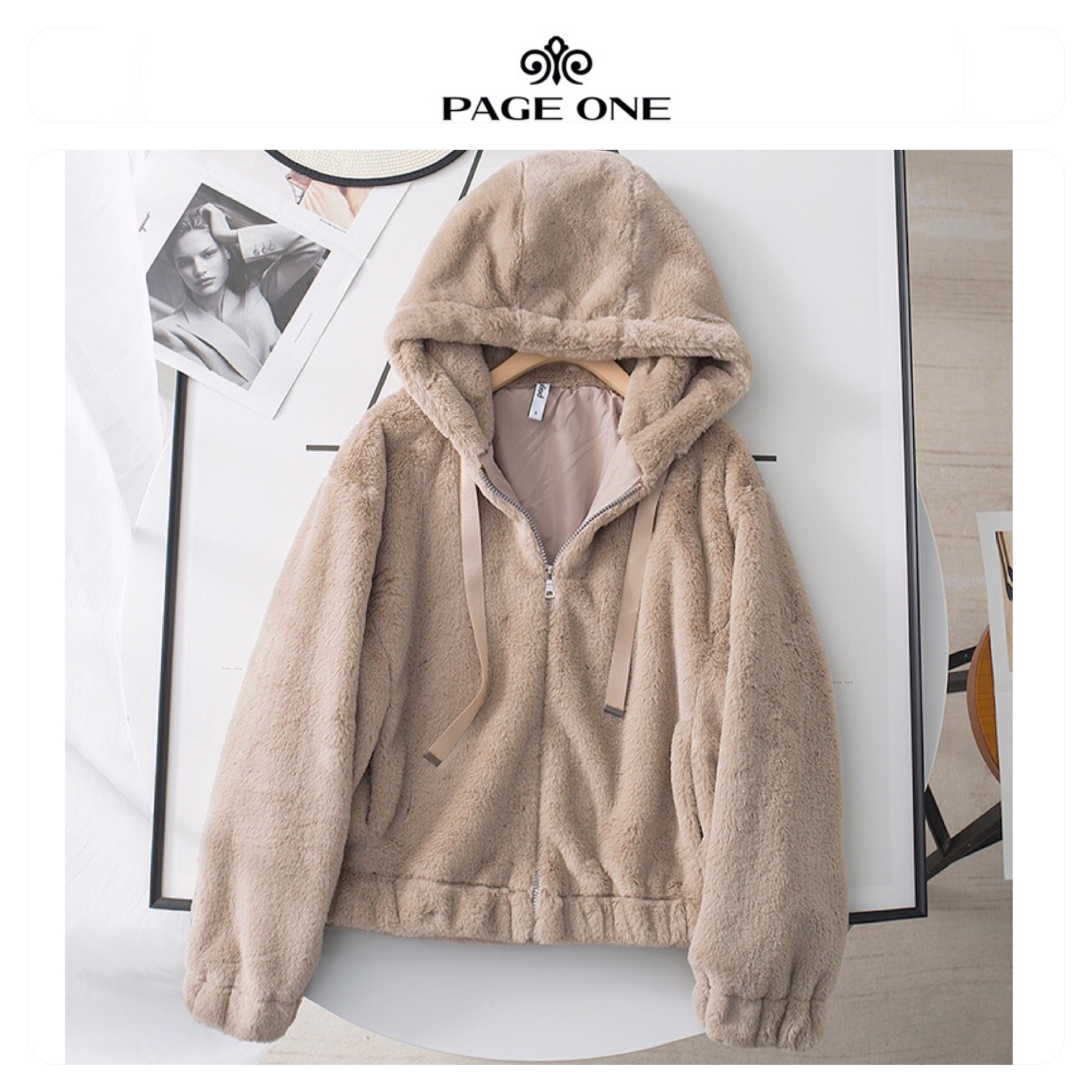 Page one เสื้อเฟอร์กันหนาว หมวกฮู้ด เสื้อขน Fluffy coat แบรนด์ page One ดำ