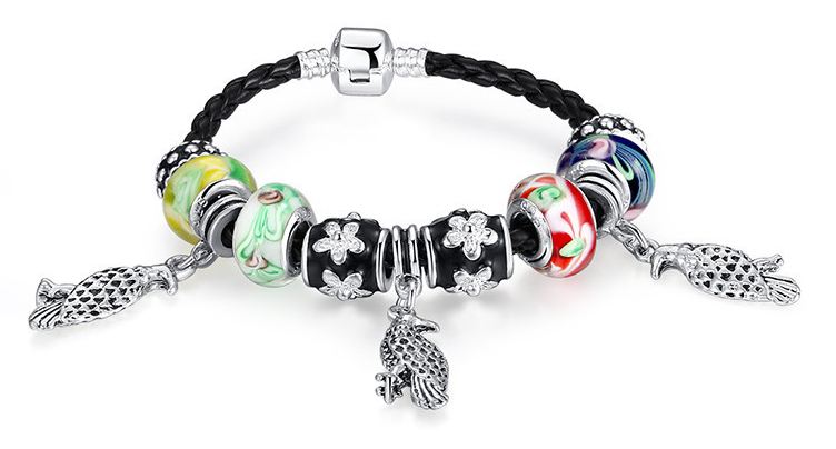 สร้อยข้อมือ Diy สไตล์ Pandora สร้อยข้อมือ ผู้หญิง Hand made สายหนังแท้ สีดำ ร้อย Charm glass bead 4 สี จี้รูปนก 51433