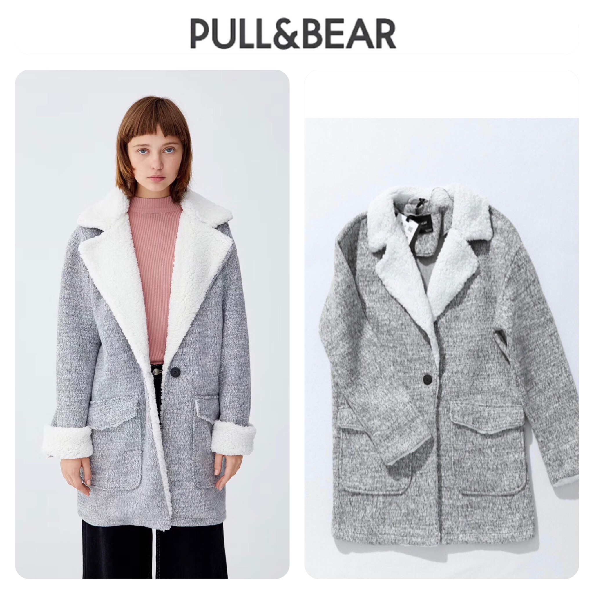 Pull&bear เสื้อโค้ท เสื้อกันหนาว เนื้อผ้าไหมพรม สีเทาอ่อน แบรนด์ Pull&bear เทาอ่อน