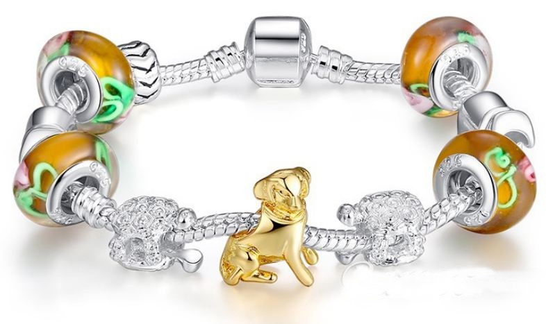 สร้อยข้อมือ Diy สไตล์ Pandora สร้อยข้อมือ ผู้หญิง Hand made ร้อย Bead สีน้ำตาลส้ม ห้อยจี้ สุนัข สีทอง ของขวัญ สำหรับ คนเกิดปีจอ 379122