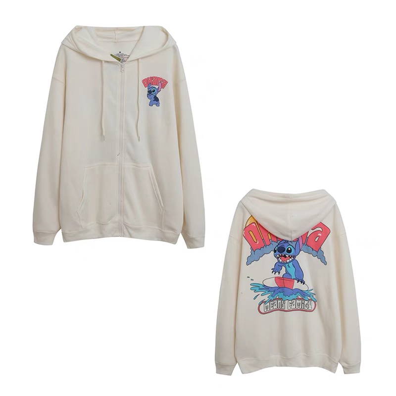 เสื้อฮู้ด stitch Disney เสื้อสเวตเตอร์ ฮู้ด แขนยาว สีขาวครีม ลายการ์ตูน STITCH งาน DISNEY แท้ สำเนา เทา