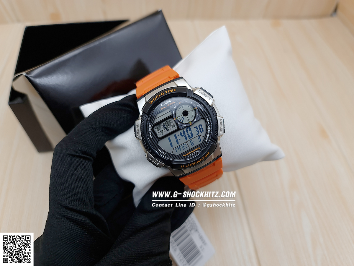 CASIO นาฬิกาคาสิโอ นาฬิกาข้อมือ นาฬิกากันน้ำ นาฬิกาของแท้ ประกันศูนย์ CMG 1 ปี รุ่น AE-1000W-4B นาฬิกาสีส้ม