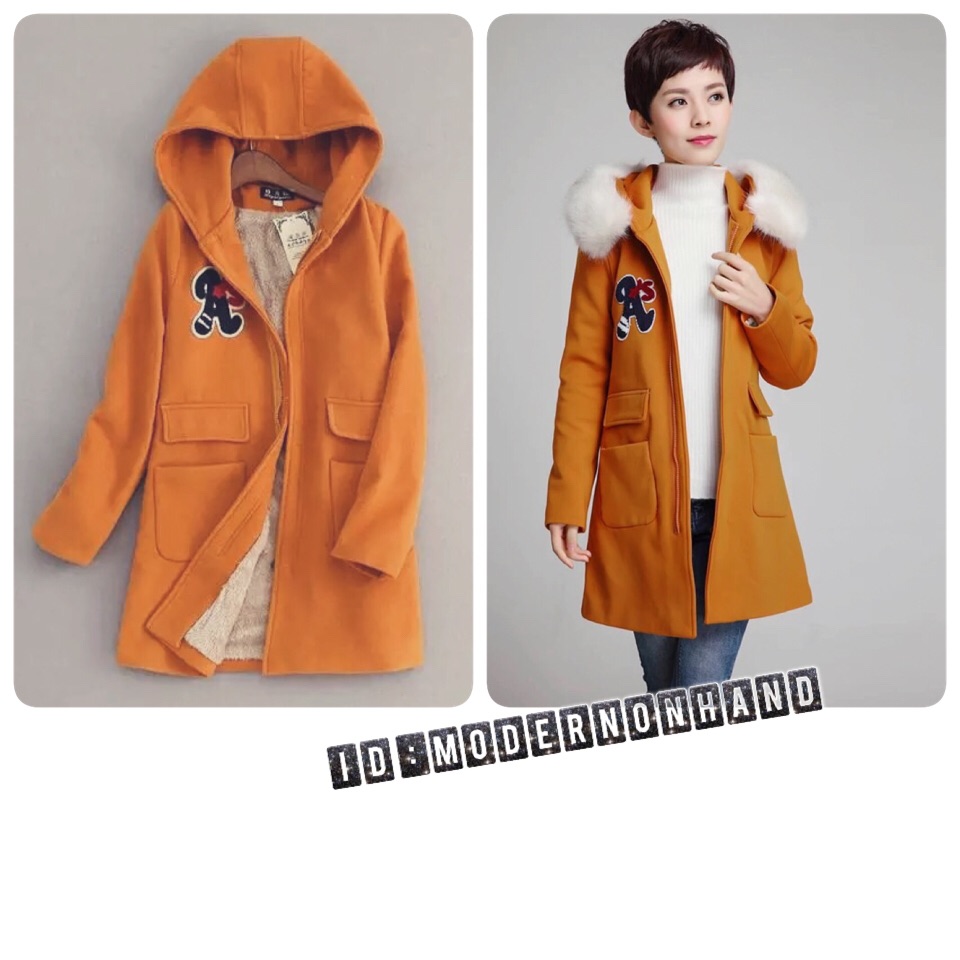 เสื้อกันหนาว เสื้อโค้ชยาว ผ้า สักหลาดแต่งฮูท แนวเกาหลี มากๆคะ สองสี:ดำ/ส้ม