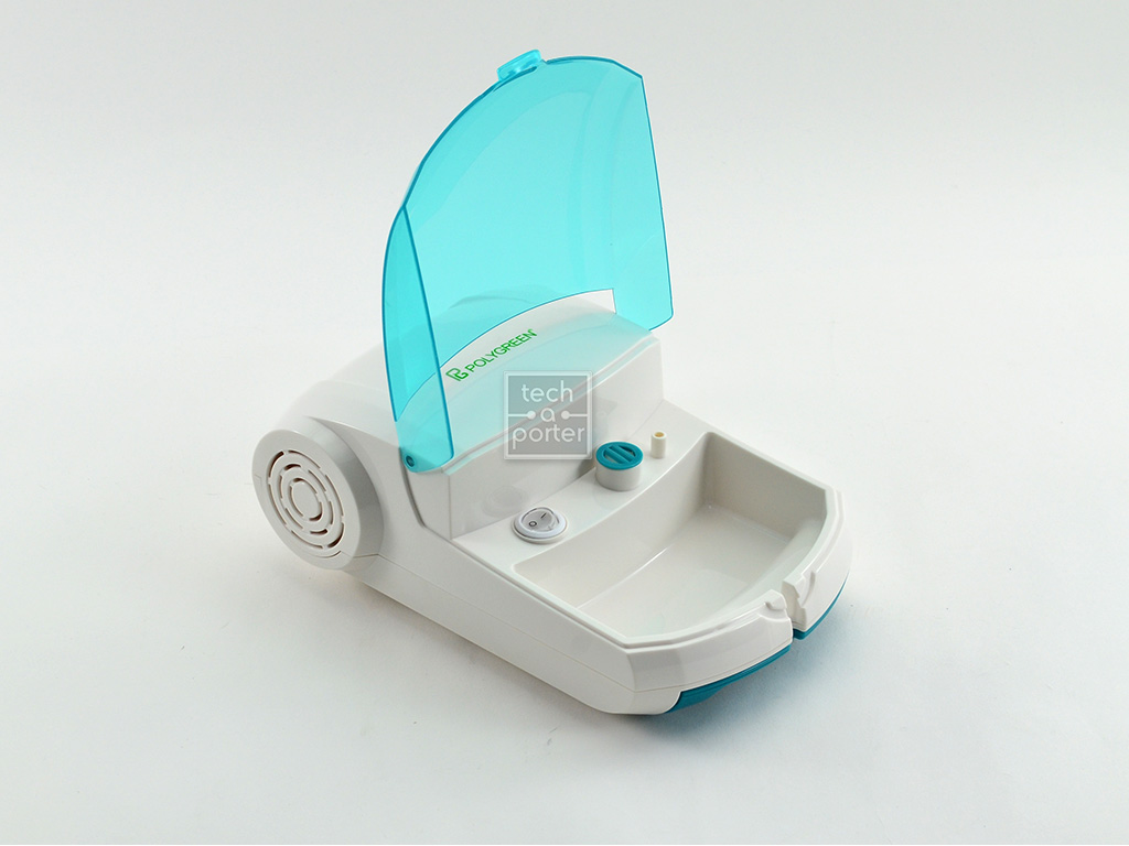 เครื่องพ่นยาหอบหืด Polygreen ประเทศเยอรมัน รับประกันสินค้า 1 ปี ใช้ได้ทั้งเด็กและผุ้ใหญ่ สามารถเก็บอุปกรณ์ในเครื่อง และมีที่ตั้งกระเปาะขณะพ่นยา มีที่เก็บสายไฟ