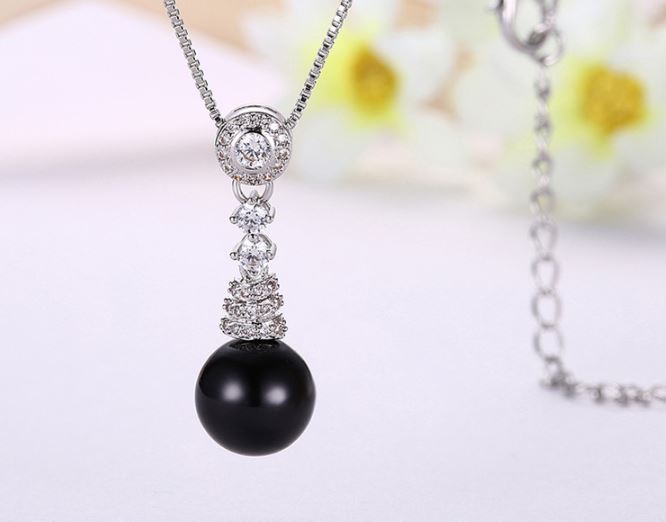 สร้อยคอ ผู้หญิง สร้อยเงิน พร้อมจี้ ไข่มุก สีดำ Black pearl ตกแต่งด้วย เพชร CZ AAA ทรงยาว 236306