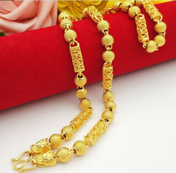 สร้อยคอ สร้อยคอทองคำ ตะขอ หัวมังกร ดีไซน์ ลาย ปลอกลายไทย สีทอง สลับ ตุ้มทอง สวยหรู ใส่ออกงานบุญ งานบวช 117167