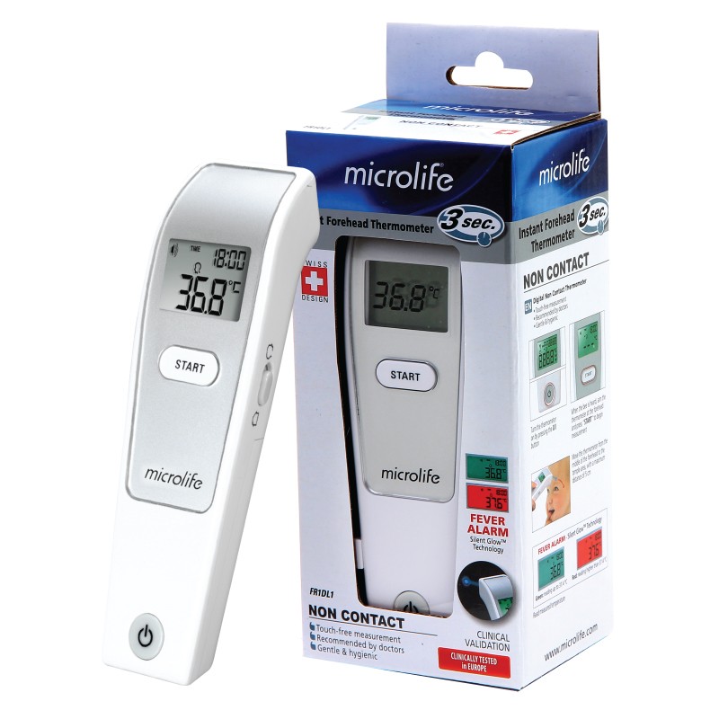 เครื่องวัดอุณหภูมิทางหน้าผาก ระบบอินฟาเรด ยี่ห้อ ไมโครไลฟ์ Microlife รุ่น FR1MF1 (แทน) FR1DL1 ใช้วัดไข้ทางหน้าผากโดยที่เครื่องไม่ต้องสัมผัสกับผิวหนัง มีแสงสีฟ้านาทางทาให้ไม่พลาดตำแหน่งในการวัด ผลิตภัณฑ์สวิตเซอร์แลนด์ รับประกันสินค้า 2 ปี พร้อมดูแลตลอดอายุ