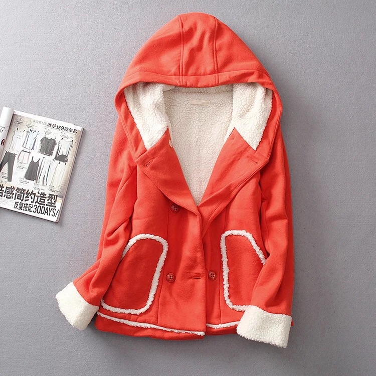เสื้อกันหนาว ผ้าสักหลาด สีส้มแดง แต่งหมวกฮูท ซับขนด้านใน แบบสไตล์เกาหลี น่ารัก มากคะ Free size