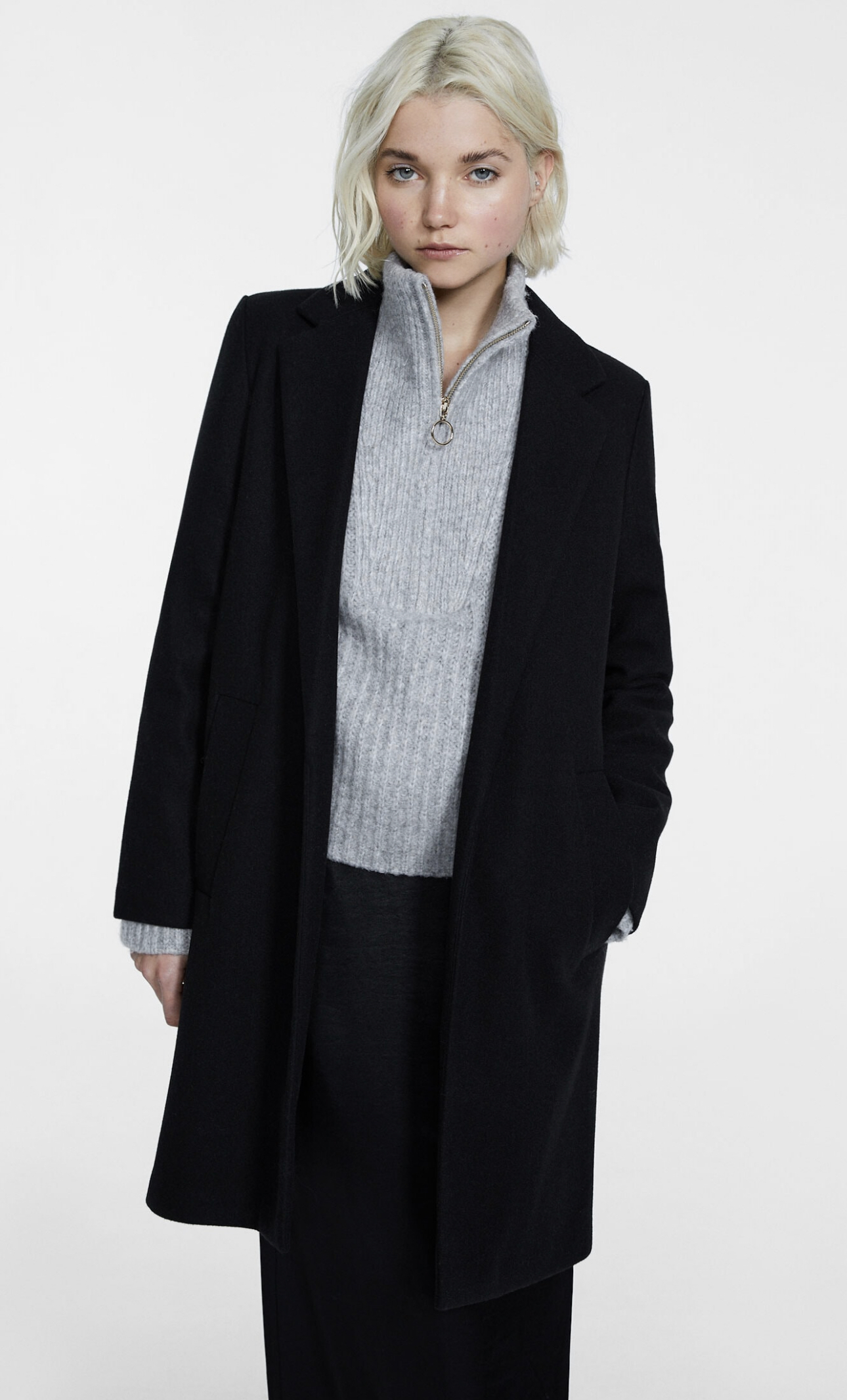 เสื้อโค้ท เสื้อโค้ทกันหนาว โค้ทวูล tailored knot coat สีเบจ แบรนด์ STRADIVARIUS สำเนา