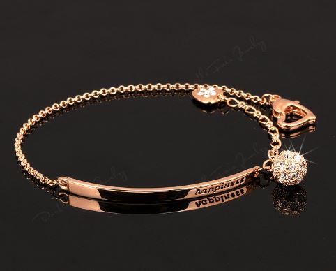 กำไลข้อมือ สร้อยข้อมือ ฝังเพชร CZ AAA สร้อยข้อมือทอง 18 K ห้อยตุ้งติ้ง เพชร สุดหรู แกะลาย happiness ของขวัญแทนใจ 425254