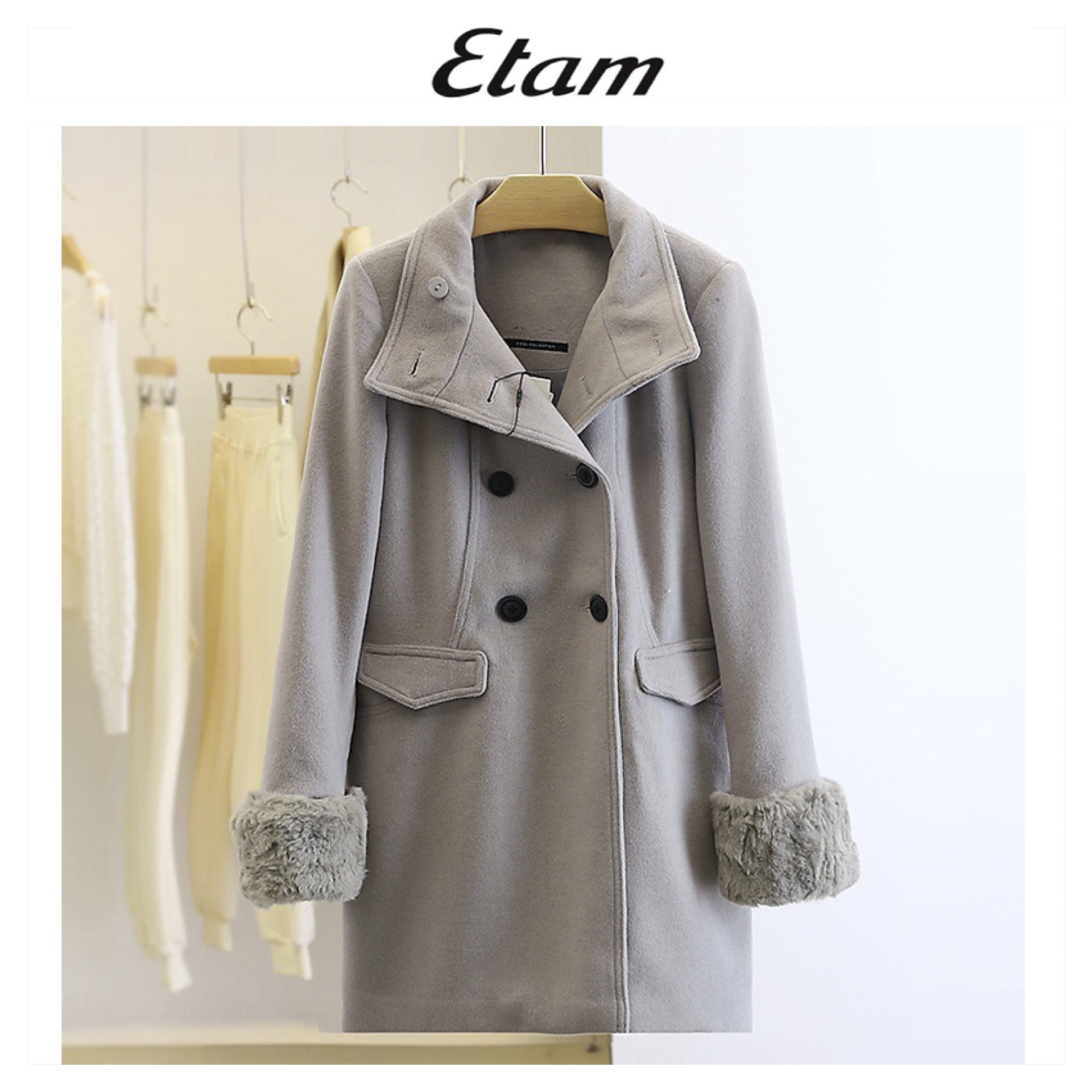 Etam เสื้อโค้ท เสื้อกันหนาว เนื้อผ้าสักหลาดวูล สีเทา แต่งกระดุมแถบ สองแถว แบรนด์ Etam (งานตัดป้าย) เทา