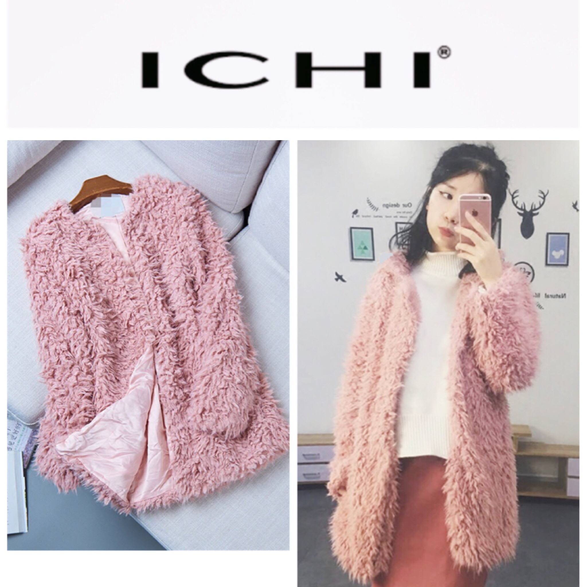 Ichi เสื้อคลุม ขน fluffy coat สีชมพูอ่อน เสื้อกันหนาวแต่งขนสีขาว แบรนด์เนม ICHI JAPAN แท้ 100% แพทเทินสวย หรู มากคะ Size S/M ชมพู