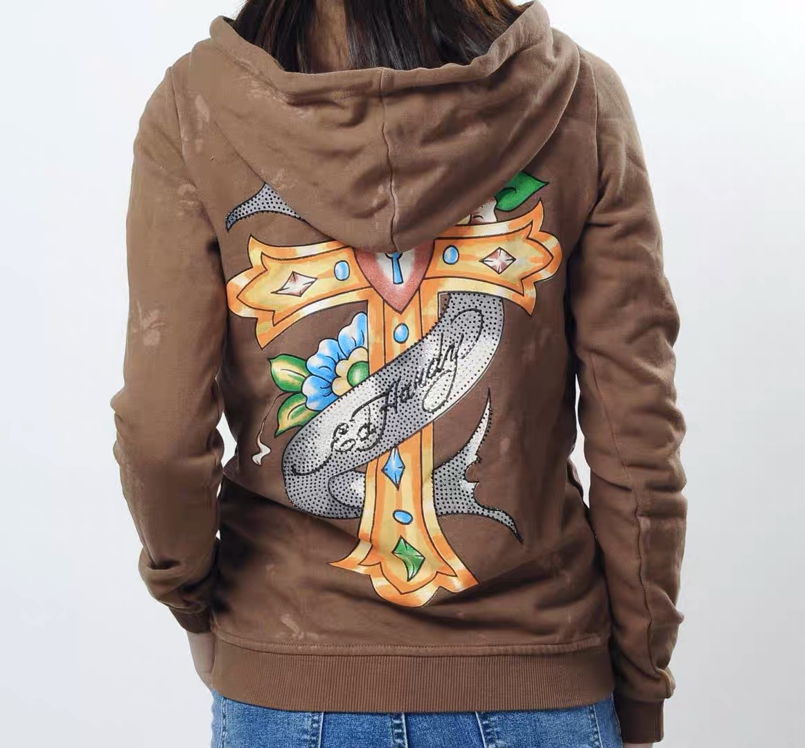 Ed hardy เสื้อแจ็คเก็ต เสื้อนอก เสื้อฮู้ดวอร์ม สีน้ำเงิน ฟอก แบรนด์ ED HARDY น้ำเงิน