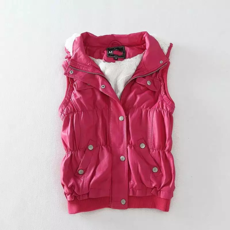 เสื้อกั๊ก เอวจั๊ม เกรดหรู หนังPU เกรด Premium สีชมพู ด้านในแต่งซับขนสีขาว เกรดนุ่ม หรู Size S/M