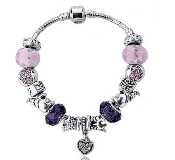 สร้อยข้อมือ Diy สไตล์ Pandora สร้อยข้อมือ Hade made ใส่ คริสตัล ออสเตเรีย เม็ดใหญ่ สีม่วง สลับ Charm รูป ช้าง มงกุฏ และ จี้ หัวใจ สีเงิน 819818