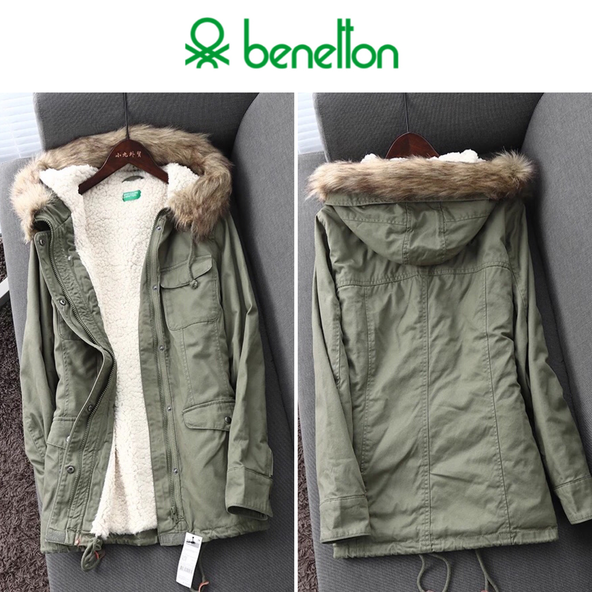 Benetton เสื้อกันหนาว parka ปาร์ก้า โค้ทกันหนาว เสื้อฮูทเฟอร์ สีเขียว แบรนด์เนม BENETTON แต่งขนเฟอร์ ซับขนอุ่นด้านใน(เฟอร์ถอดได้คะ) เขียว
