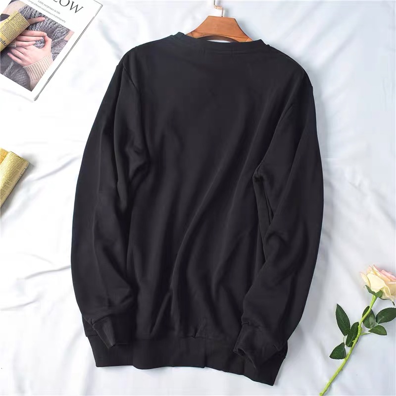 เสื้อวอร์ม เสื้อสเวตเตอร์ ปั๊มลาย เสื้อกันหนาว ทรง over size เนื้อละเอียด ดำ