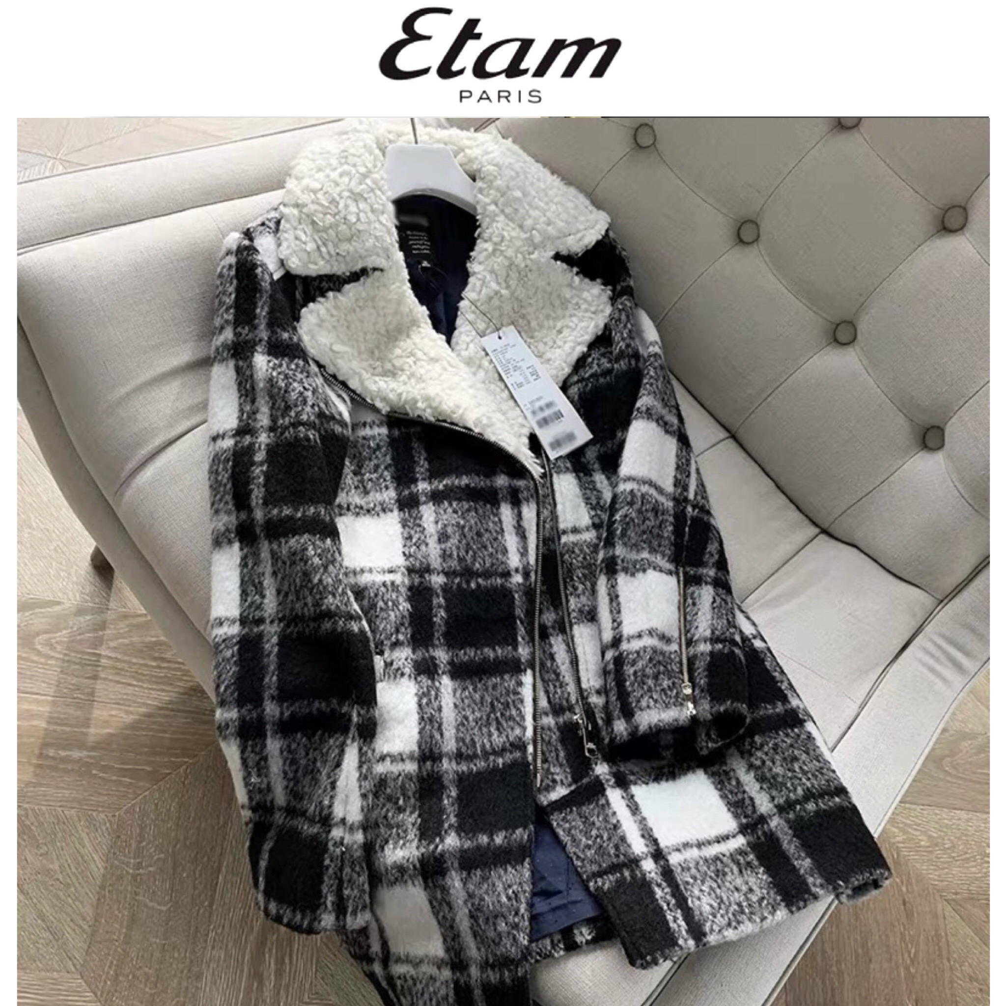 Etam เสื้อโค้ท กันหนาว เนื้อผ้าสักหลาดวูล ผสมขนแกะ ลายตาราง ETAM ขาวดำ