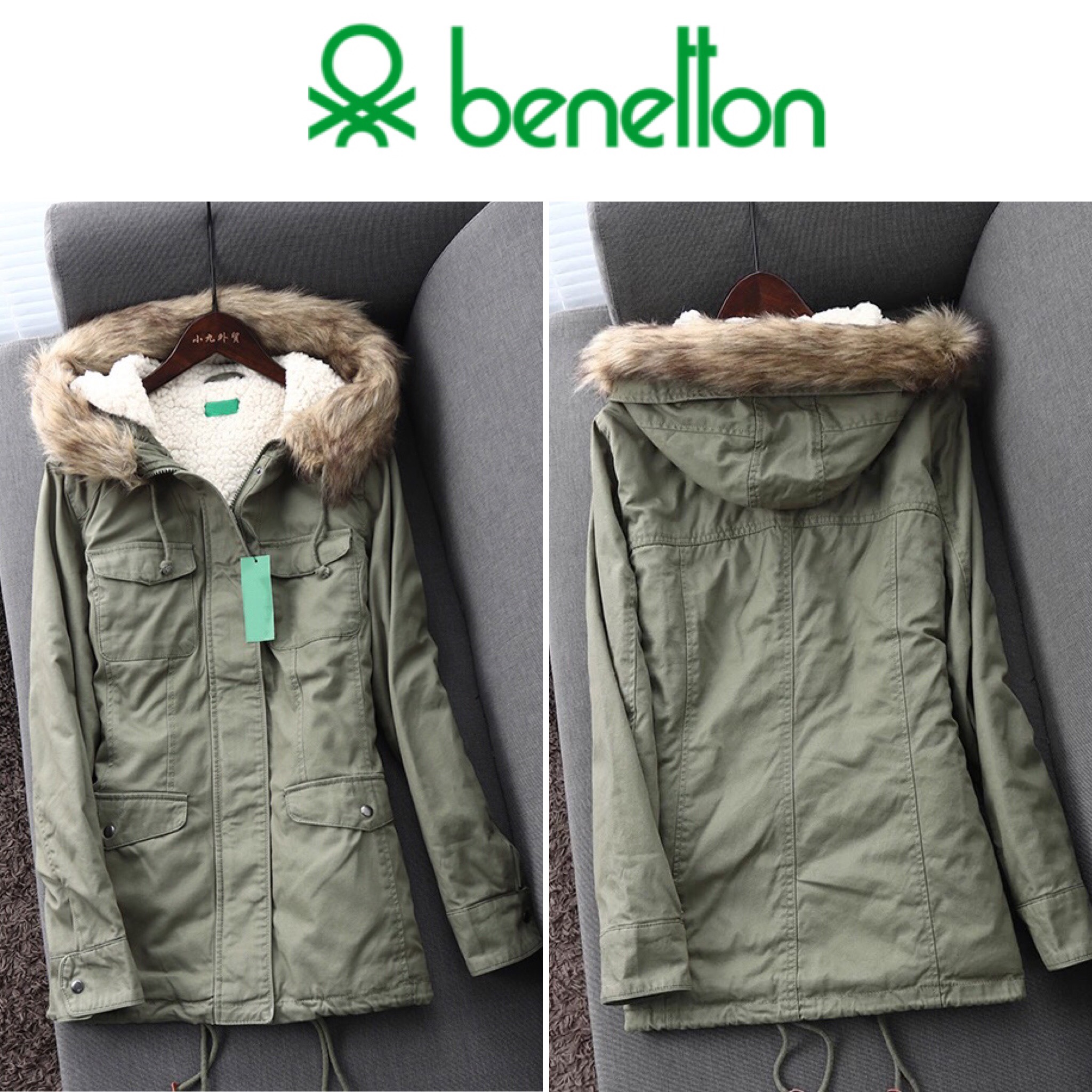 Benetton เสื้อกันหนาว parka ปาร์ก้า โค้ทกันหนาว เสื้อฮูทเฟอร์ สีเขียว แบรนด์เนม BENETTON แต่งขนเฟอร์ ซับขนอุ่นด้านใน(เฟอร์ถอดได้คะ) เขียว