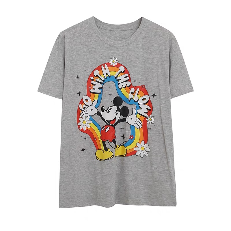 เสื้อฮู้ด วอร์ม สเวตเตอร์ Disney เสื้อมิคกี้ mickey go with the flow T-shirt แขนสั้น สีเทา ลายการ์ตูนมิคกี้ งาน DISNEYงานสวย มาก LGBTQ+ ดำ