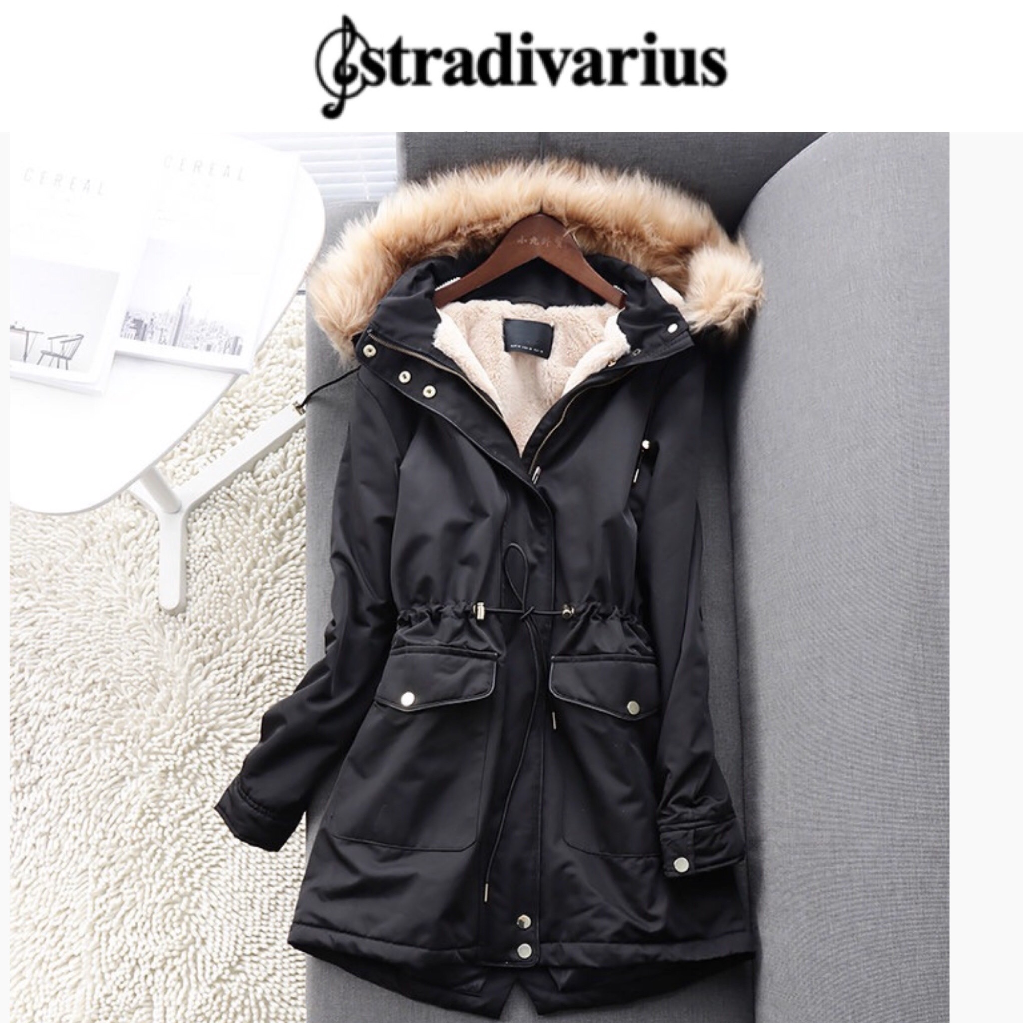 Stradivarius เสื้อฮู้ด เสื้อโค้ทฮูท กันหนาว สีดำ แต่งเฟอร์ แบรนด์ Stradivarius แต่งซับขนอุ่น (ฮู้ด&ขนเฟอร์ถอดได้ทุกชิ้นคะ) สำเนา ดำ