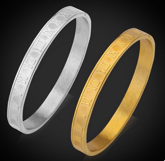 กำไลข้อมือ ผู้หญิง กำไลข้อมือ 316L Stainless Steel กำไลทอง แกะลาย ตัวเลข โรมัน สีทอง และ สีเงิน กำไล ข้อมือ ทอง ใส่ได้ทุกโอกาส 726061