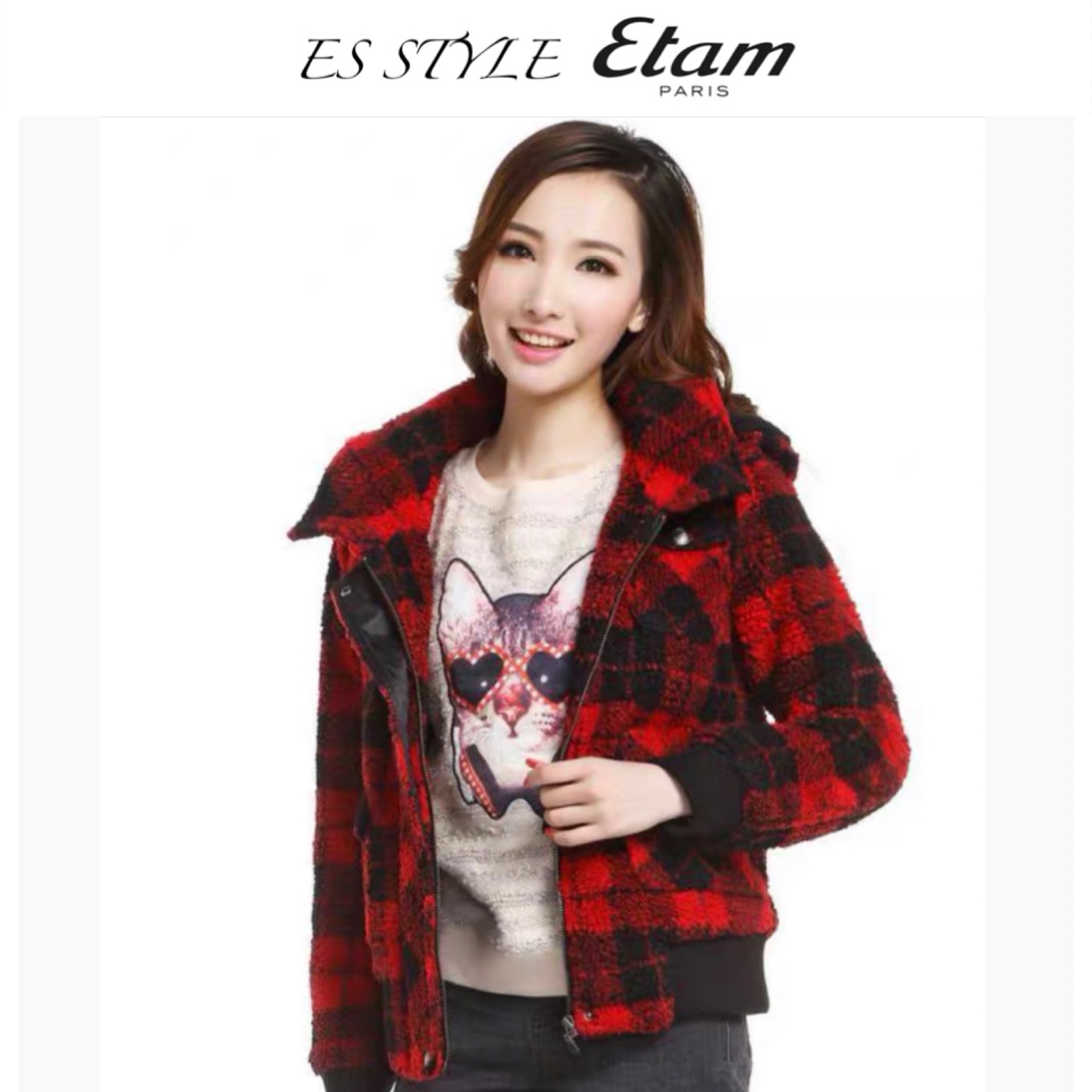ES style by Etam เสื้อโค้ท กันหนาว ฮู้ด ลายchecked สีแดงดำ แบรนด์ ES Style by ETAM (หมวกฮู้ดถอดได้ค่ะ) แดงดำ