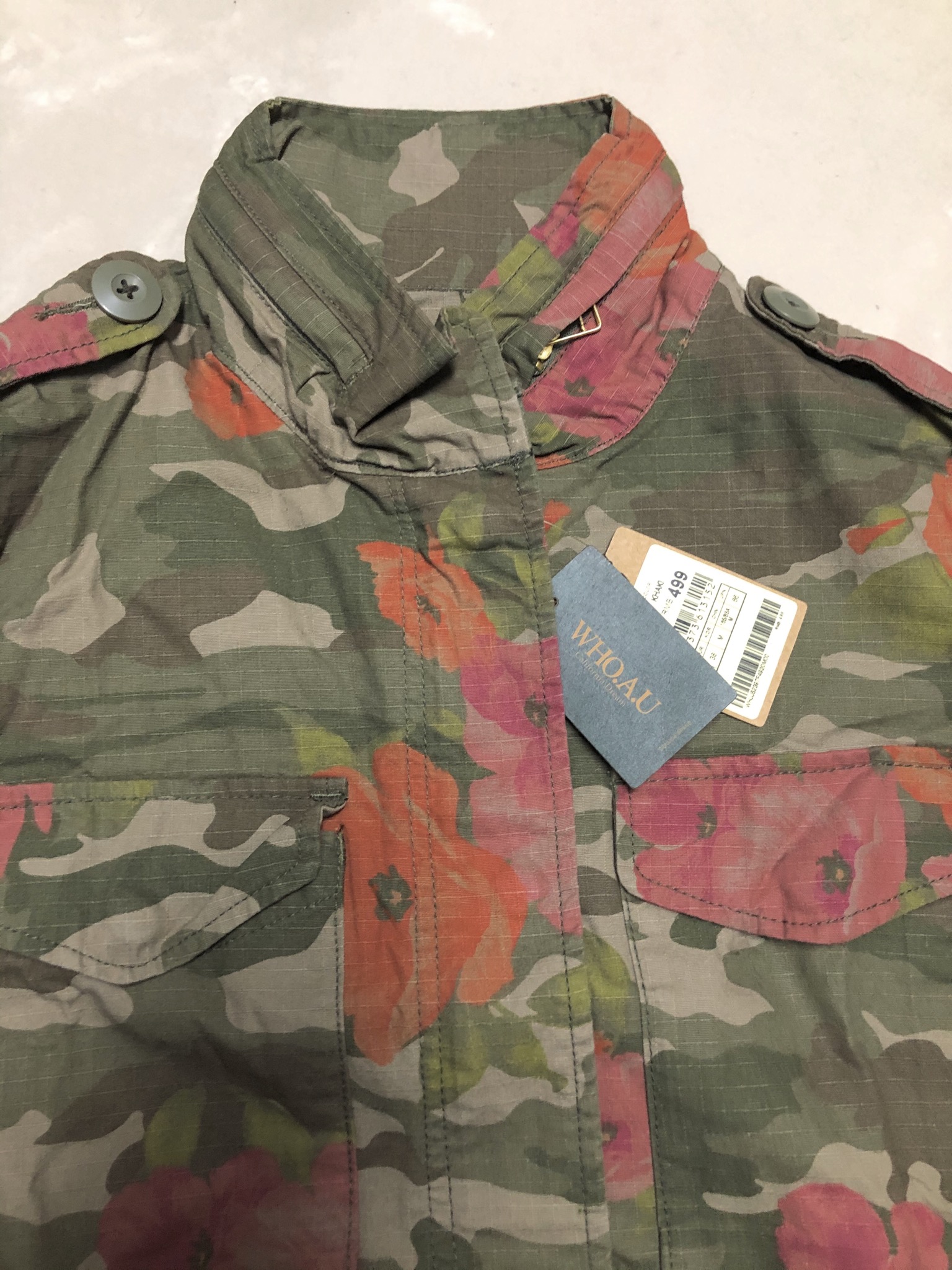Who.au เสื้อนอกทหาร เสื้อแจ็คเก็ต ลายพรางFlora camo แนวทหาร แพทเทินสวย เท่ห์ มาก แบรนด์Who.Au คะ สำเนา สำเนา สำเนา สำเนา สำเนา เขียว