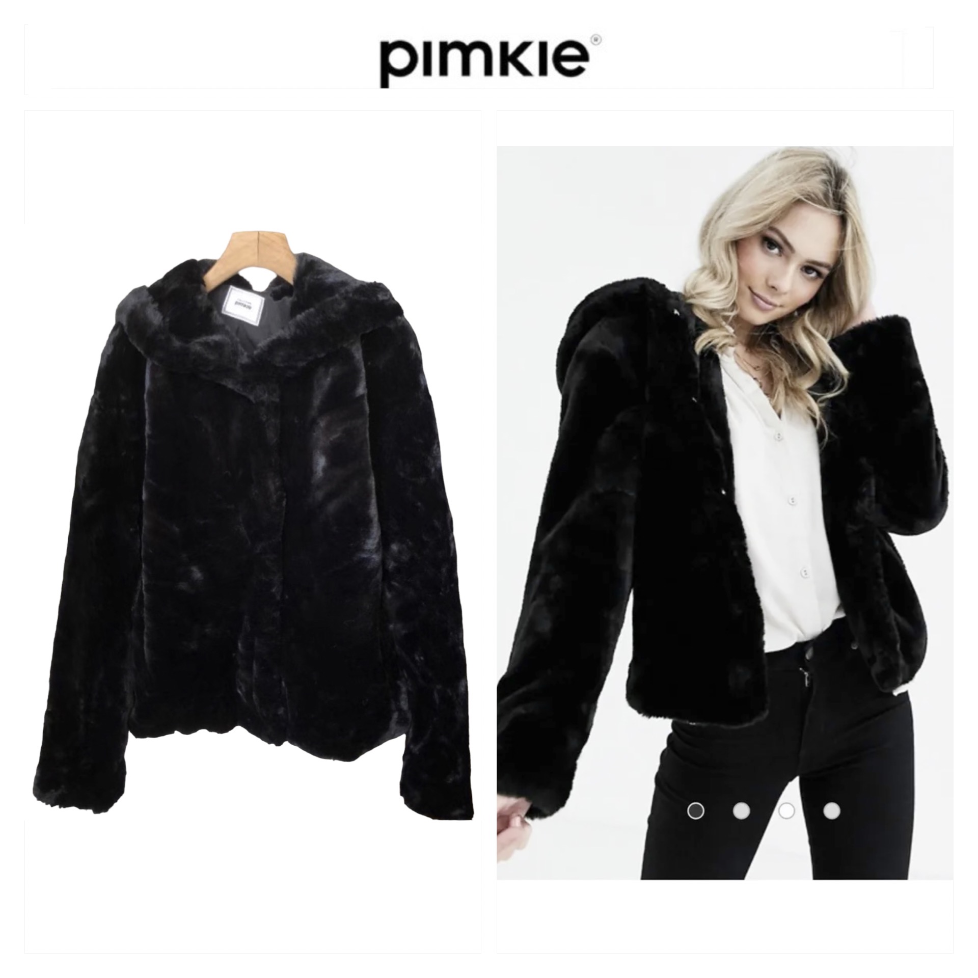 เสื้อเฟอร์กันหนาว หมวกฮู้ด เสื้อขน Fluffy coat แบรนด์ pimkie สำเนา ดำ