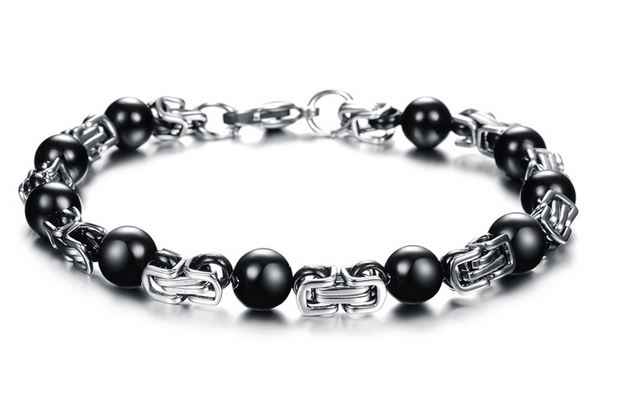 สร้อยข้อมือผู้ชายเงิน ผสม ตุ้มลูกปัด สีดำ สร้อยข้อมือ 316L Stainless steel ลายโซ่ สลับ ลูกปัด สุดหรู ใส่ออกงาน แบบเท่ ๆ ดูดี 814135