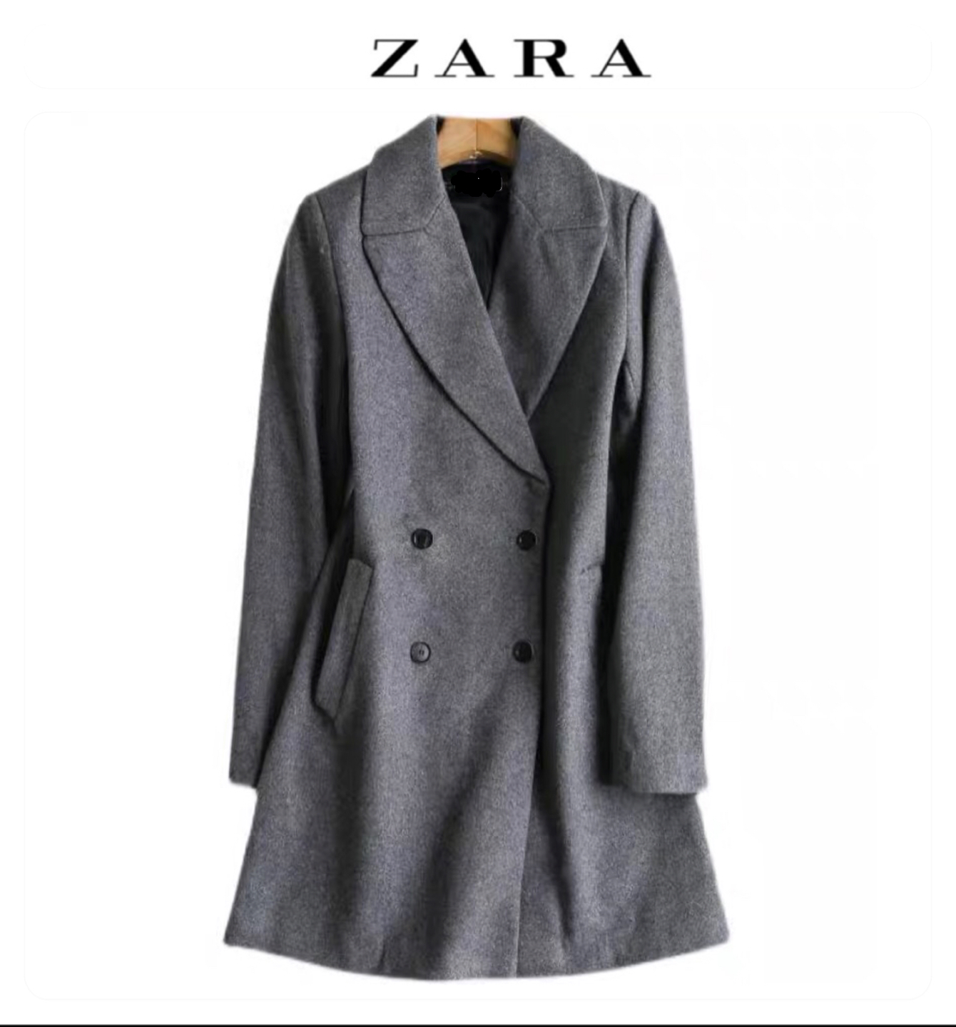 Zara เสื้อโค้ดกันหนาว เสื้อกันหนาว overcoat โค้ทวูล สีเทา สักหลาด ผสมวูล คอปก กระดุมสองแถว แบรนด์ ZARA เทา