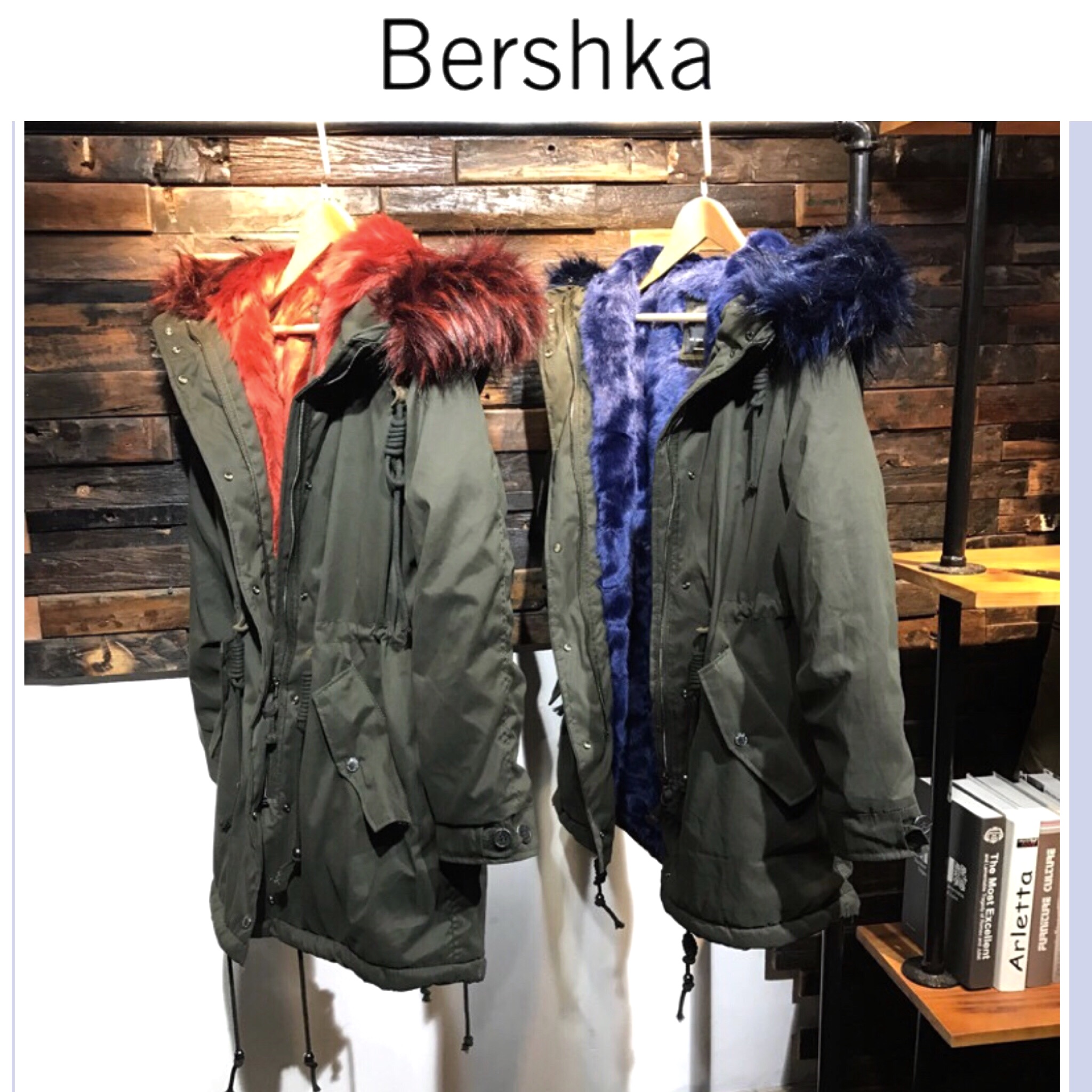 BERSHKA เสื้อโค้ท โค้ทฮูท กันหนาว เสื้อparka ฮูท กันหนาวสีเขียว แบรนด์เนมBERSHKA แต่งเฟอร์ สีแดง ซับขนอุ่นสีแดง งานสวย มากคะ Size XS/S/M/L/2L/3L เขียว เฟอร์แดง