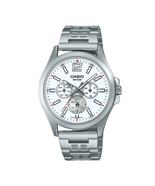 CASIO นาฬิกาคาสิโอ นาฬิกาข้อมือ นาฬิกากันน้ำ นาฬิกาของแท้ ประกันศูนย์ CMG 1 ปี รุ่น MTP-E350D-7B นาฬิกาสีเงิน