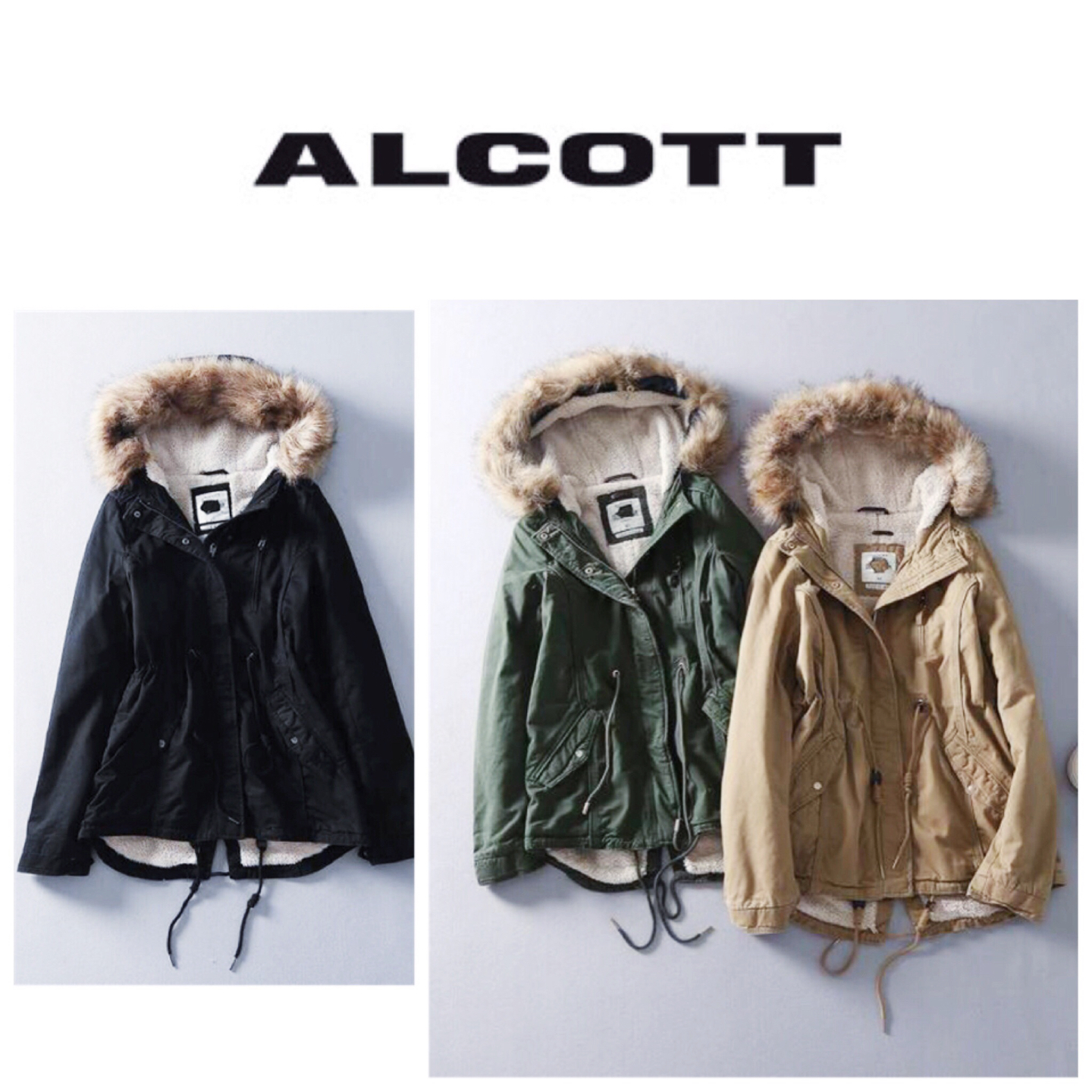 เสื้อกันหนาว เสื้อแนวPARKA กันหนาว แต่งฮูทติดเฟอร์ สีกากี แบรนด์เนม ALCOTT LOSANGELES UK แท้ ซับขนอุ่นสีขาว งานสวยเนี๊ยบมากคะ Size S/M/L /XL กากี