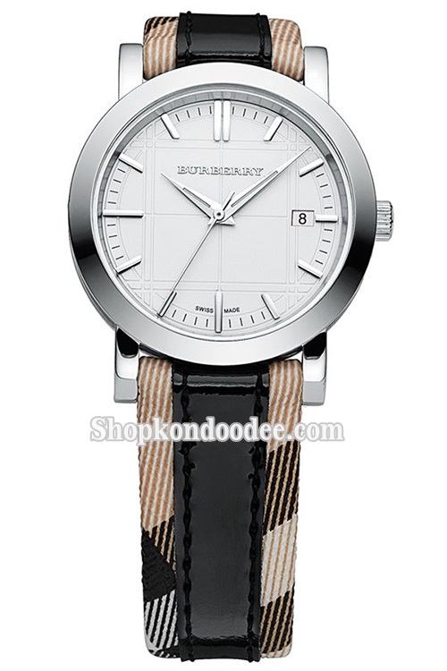 BURBERRY LADIE'S WATCH นาฬิกาผู้หญิงBU1388 Silver Round Display, White Analog Dial & Two Tone Leather Band