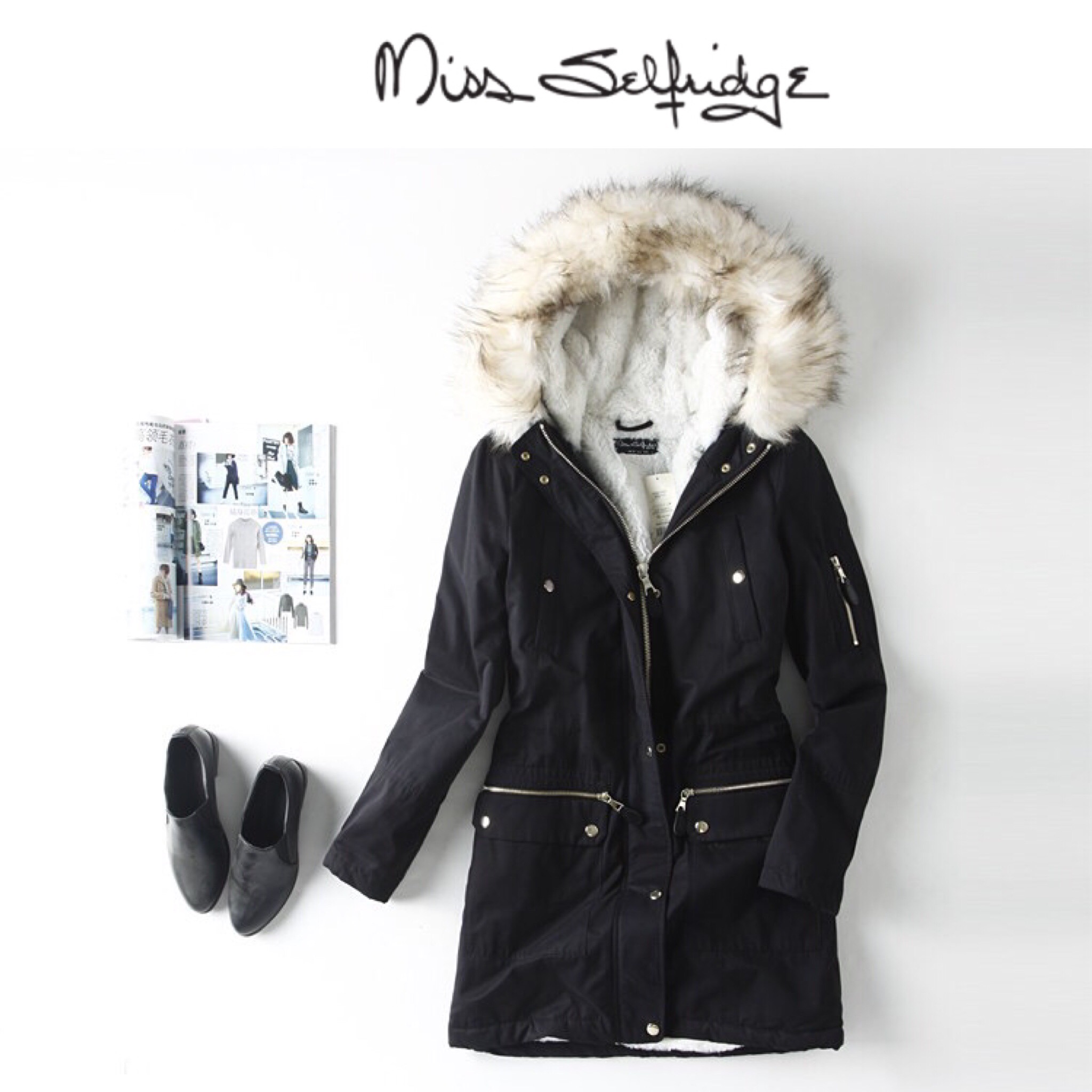 Miss selfridge เสื้อโค้ท โค้ทฮูทเฟอร์ กันหนาว สีดำ แบรนด์ Miss Selfridge ซับขนอุ่นสีขาวด้านใน (เฟอร์ถอดได้คะ) size M/L ดำ