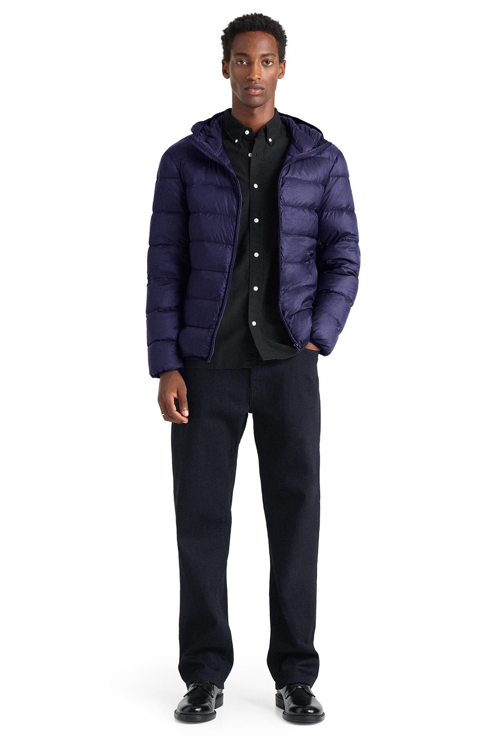 Forever21 เสื้อกันหนาว ติดฮูท เสื้อบอมเบอร์ บุนวมอุ่น แบรนด์ Forever21 / Men's Black Lightweight Puffer Jacket น้ำเงิน