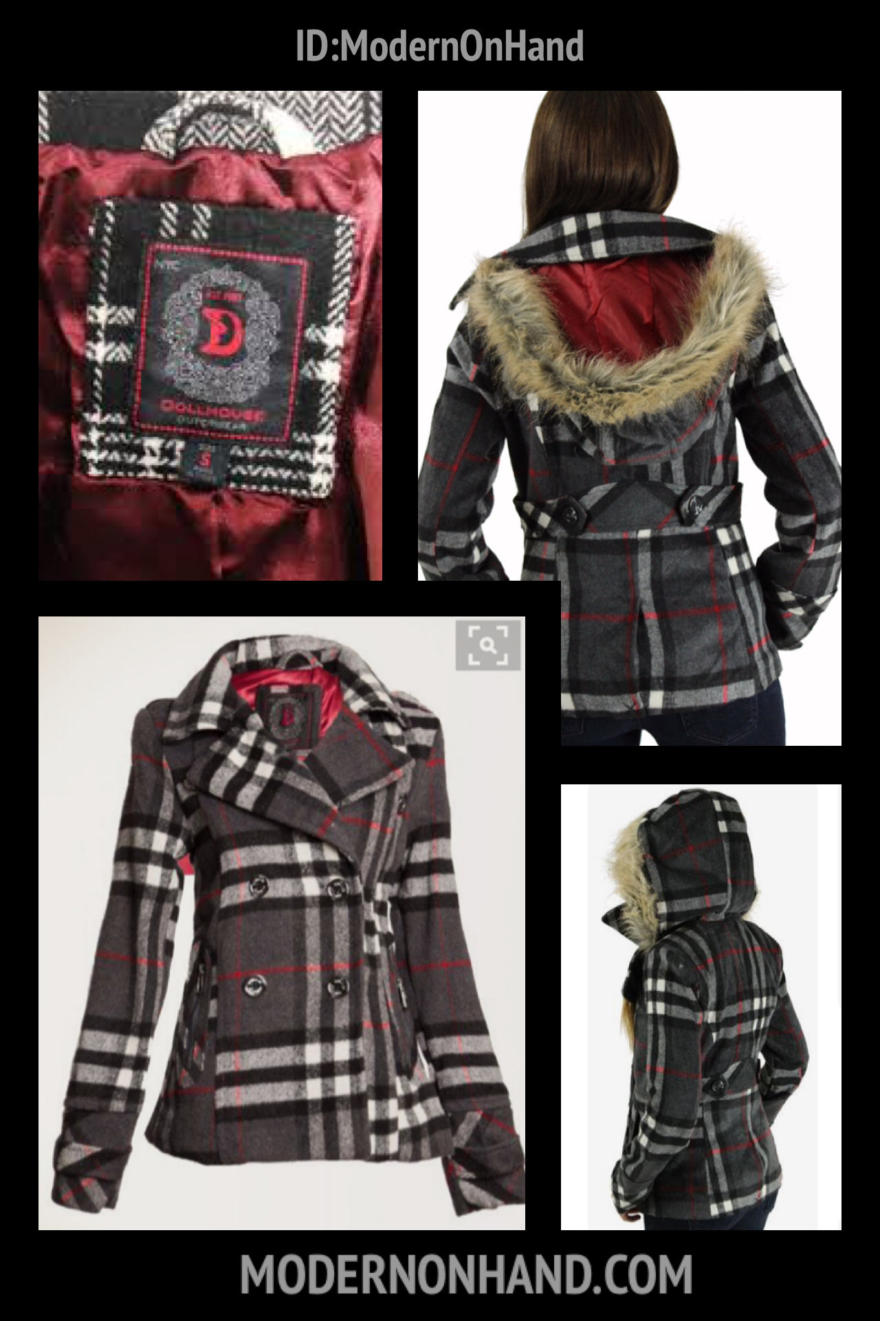เสื้อกันหนาวสักหลาดผสมวู ลายตาราง classic burberry สีเทา brandname NYC DOLLHOUSE แต่งกระดุมสองแถบ ติดหมวกฮูท ติดเฟอร์ (หมวกมีกระดุมถอดใส่ได้คะ)สวย หรูคะ Size S
