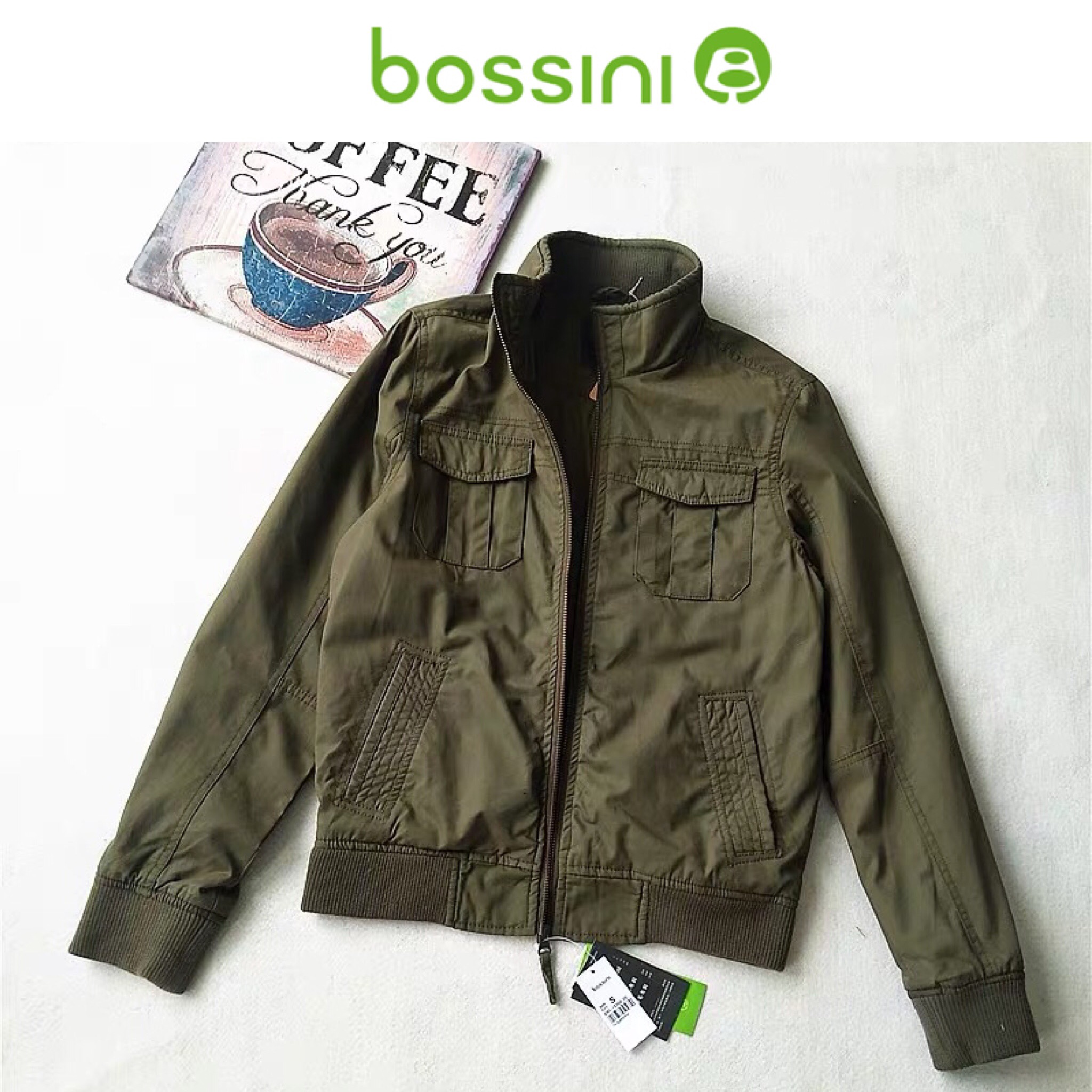 Bossini เสื้อแจ็คเก็ต เสื้อเขียวทหาร เสื้อนอก แบรนด์ BOSSINI แท้ แพทเทินสวย เท่ห์มาก คะ Size S/ M สำเนา เขียว
