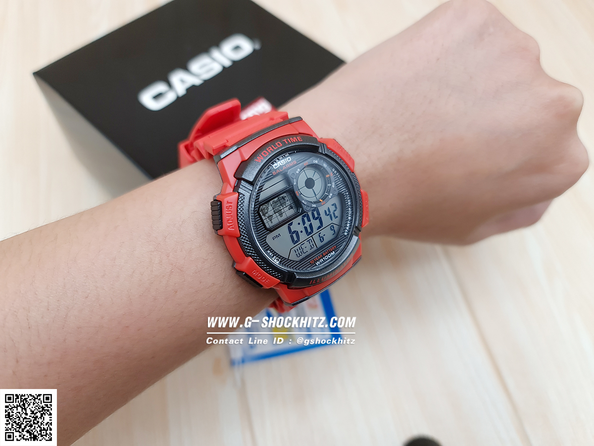 CASIO นาฬิกาคาสิโอ นาฬิกาข้อมือ นาฬิกากันน้ำ นาฬิกาของแท้ ประกันศูนย์ CMG 1 ปี รุ่น AE-1000W-4A นาฬิกาสีแดง