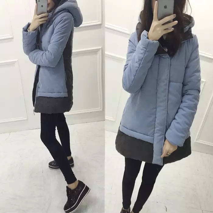 เสื้อกันหนาว เสื้อโค้ท กันหนาวบุนวม สีฟ้าพาสเทล หมวกฮูท แต่งขนเฟอร์ (เฟอร์ถอดได้คะ) สวย น่ารักมากคะ