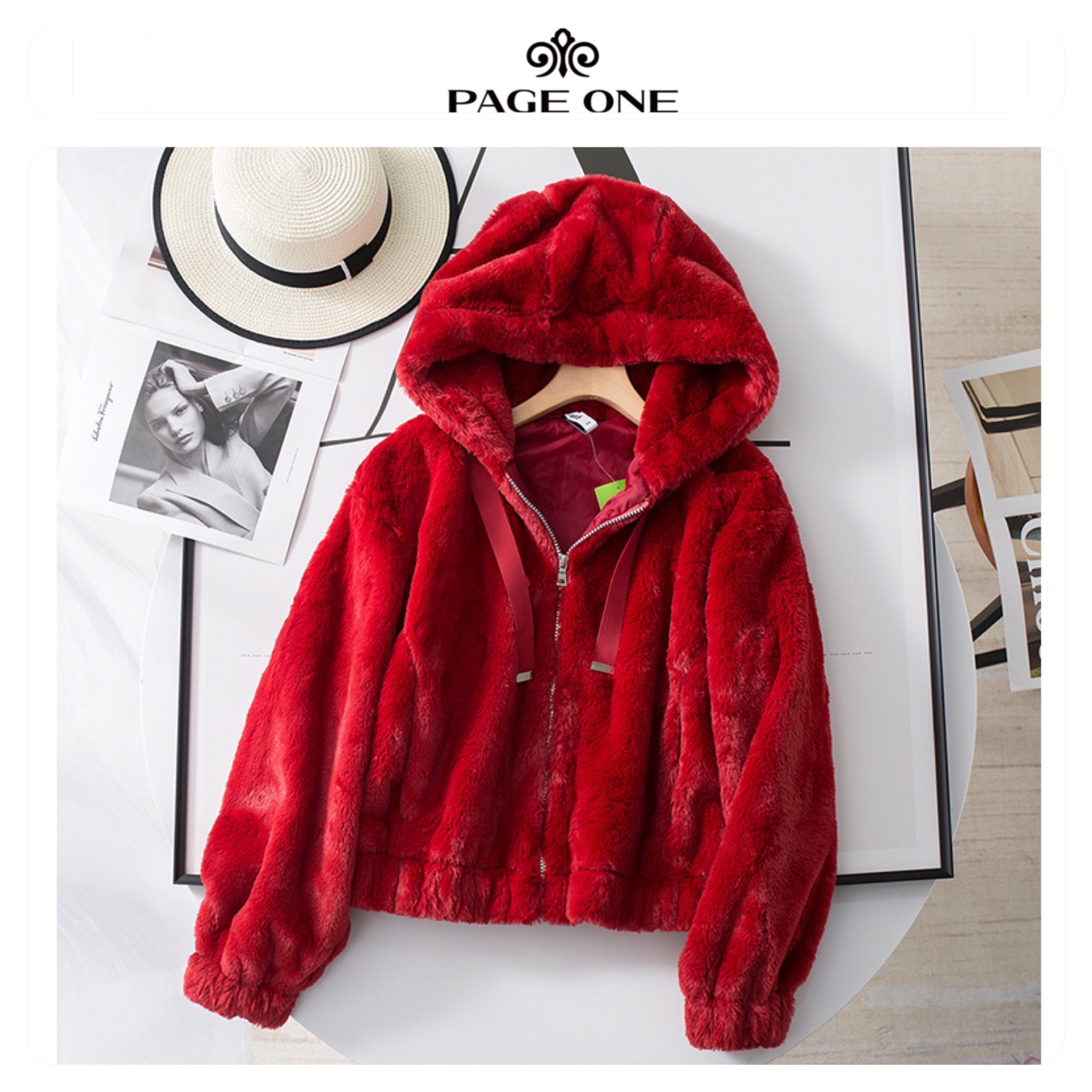 Page one เสื้อเฟอร์กันหนาว หมวกฮู้ด เสื้อขน Fluffy coat แบรนด์ page One ดำ