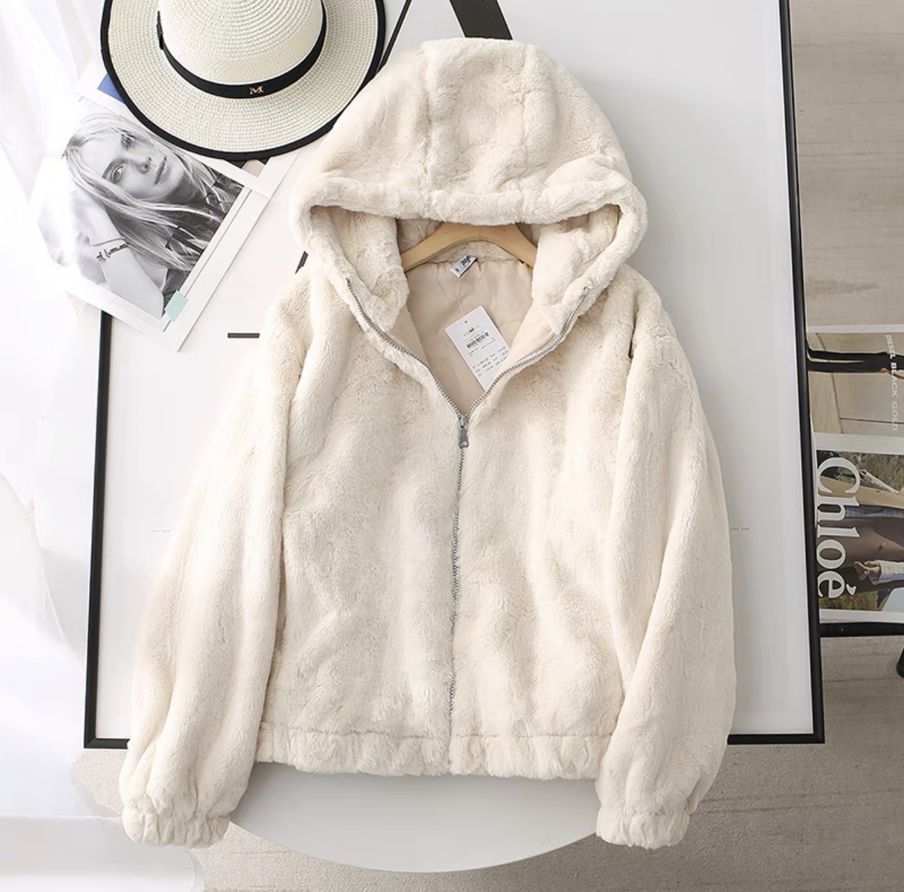 Page one เสื้อเฟอร์กันหนาว หมวกฮู้ด เสื้อขน Fluffy coat แบรนด์ page One สำเนา ดำ