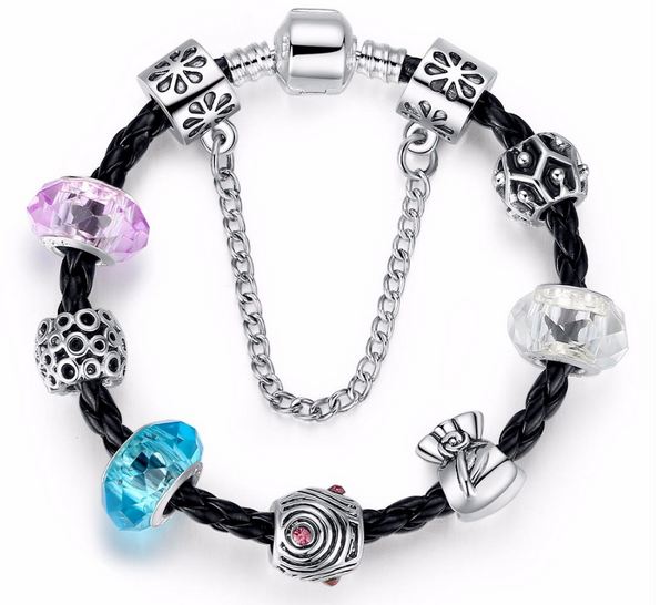 สร้อยข้อมือ Diy สไตล์ Pandora สร้อยข้อมือ ผู้หญิง Hand made ร้อย Glass Bead สีใส สลับ Charm ถุงเงิน สร้อยหนัง สีดำ 625887
