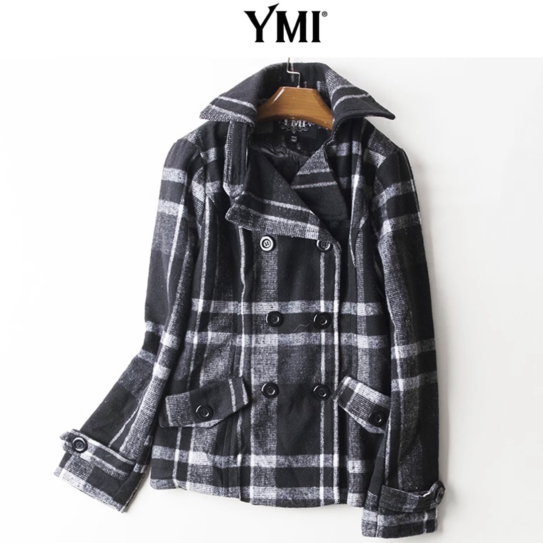 เสื้อนอก เสื้อกันหนาว แบรนด์เนม YMI ยุโรป หมวกฮูทถอดใส่ได้ แต่งเฟอร์ เนื้อผ้าสักหลาด สวยหรู Size M/L ตารางขาวดำ