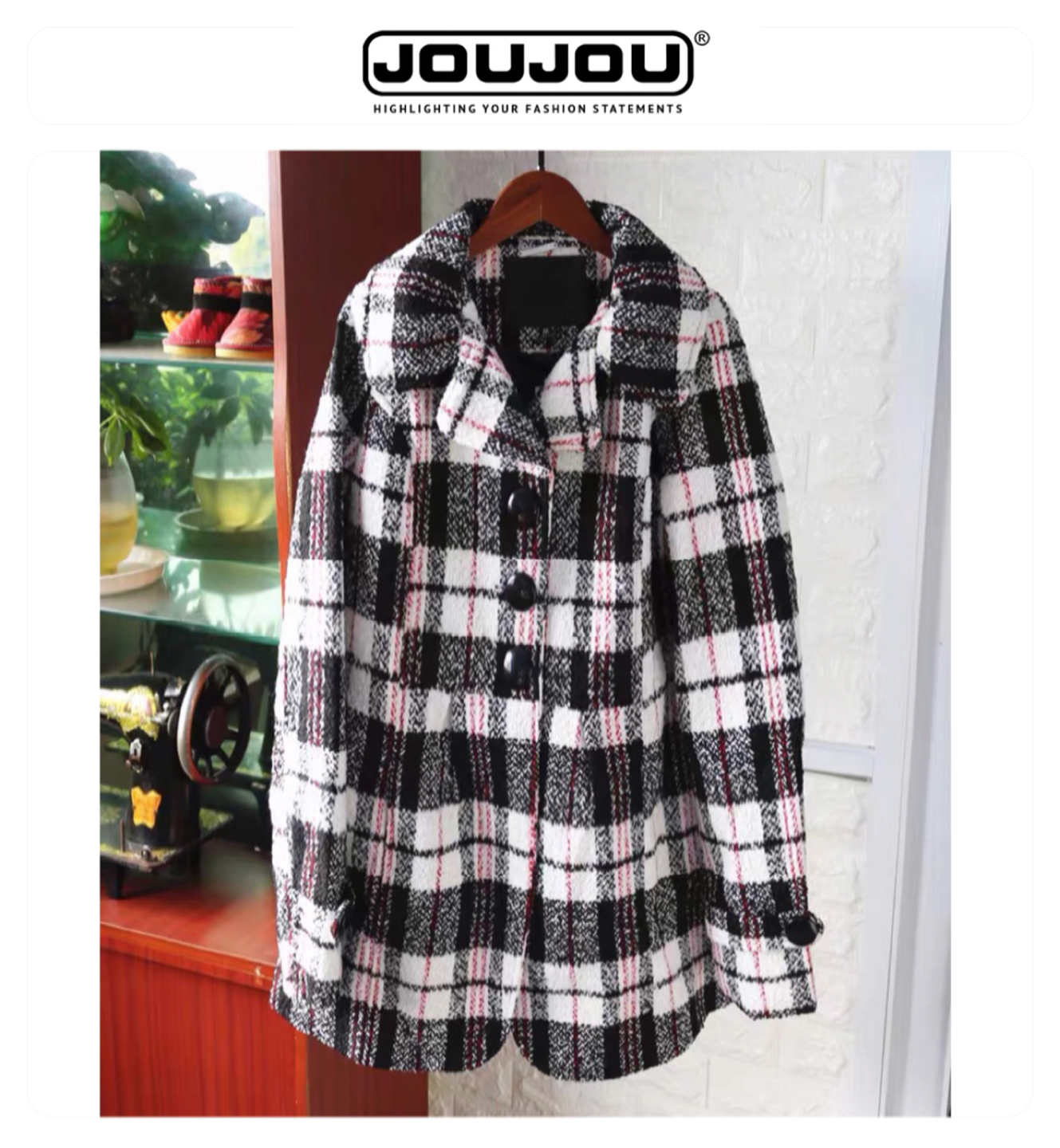 Joujou เสื้อโค้ท เสื้อกันหนาว เนื้อผ้าสักหลาดวูล ลายตาราง แบรนด์ Jou Jou ลายตาราง
