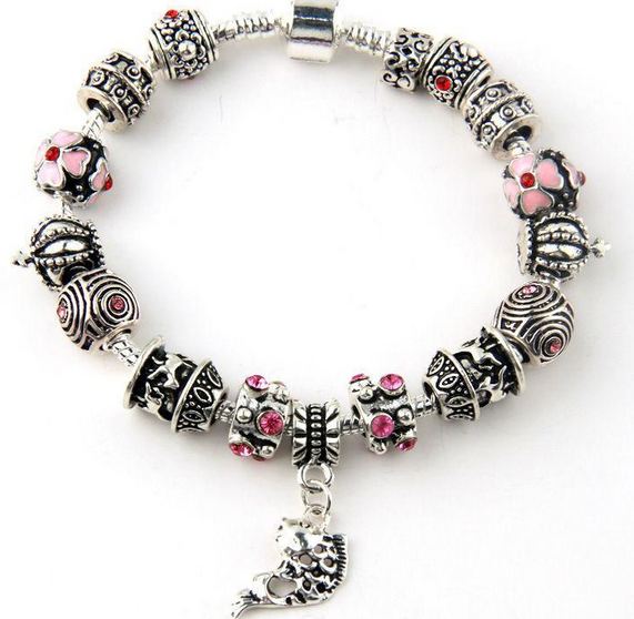 สร้อยข้อมือ Diy สไตล์ Pandora สร้อยข้อมือ แต่ง ชาร์ม ลาย เงินโบราณ แบบสวย ห้อยจี้รูปปลา ของขวัญสำหรับคนเกิด ราศีมีน ติดคริสตัล แดง ชมพู สุดหรู 782338