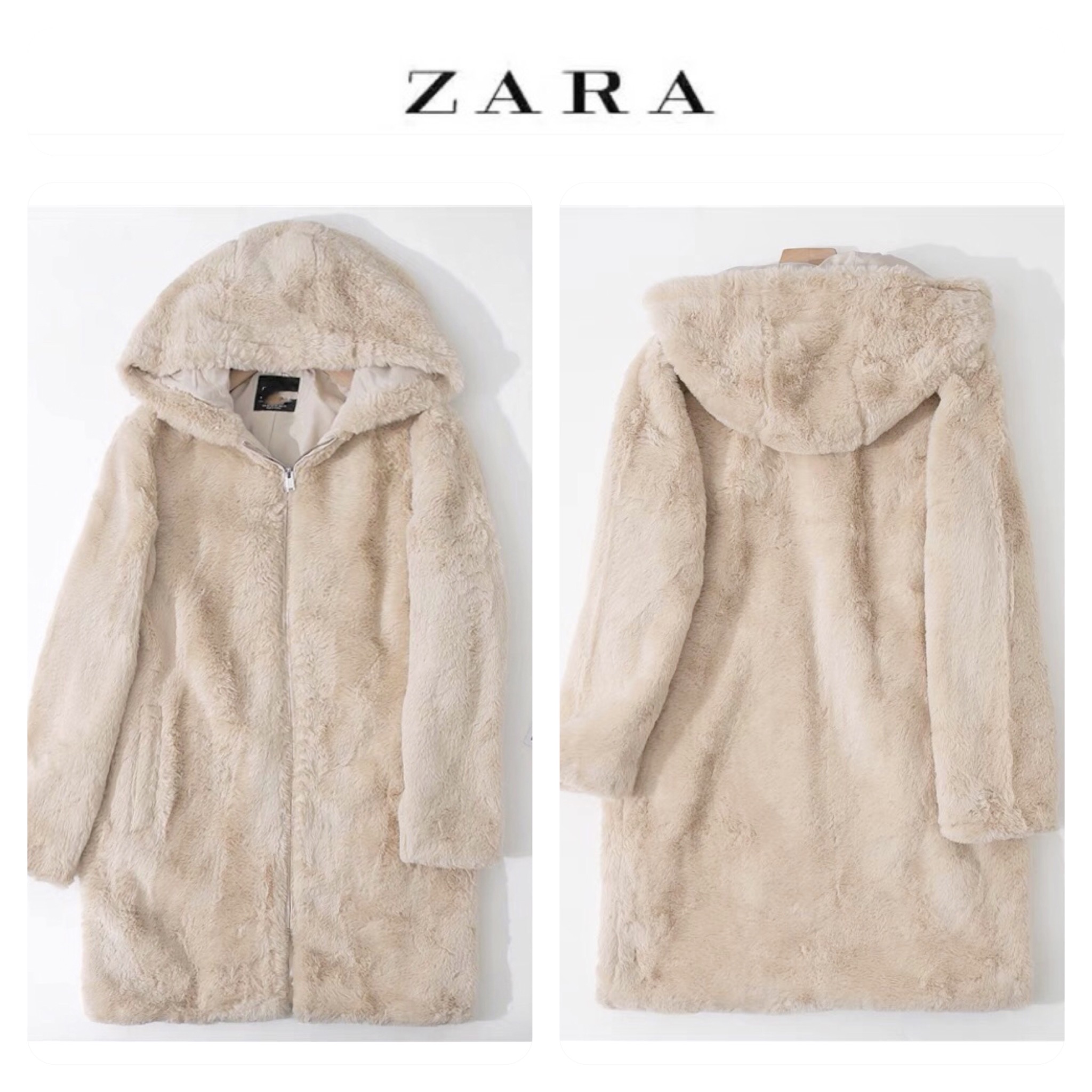 pepco เสื้อเฟอร์กันหนาว หมวกฮู้ด เสื้อขน FLUFFY Coat แบรนด์ PEPCO ดำ / เบจ